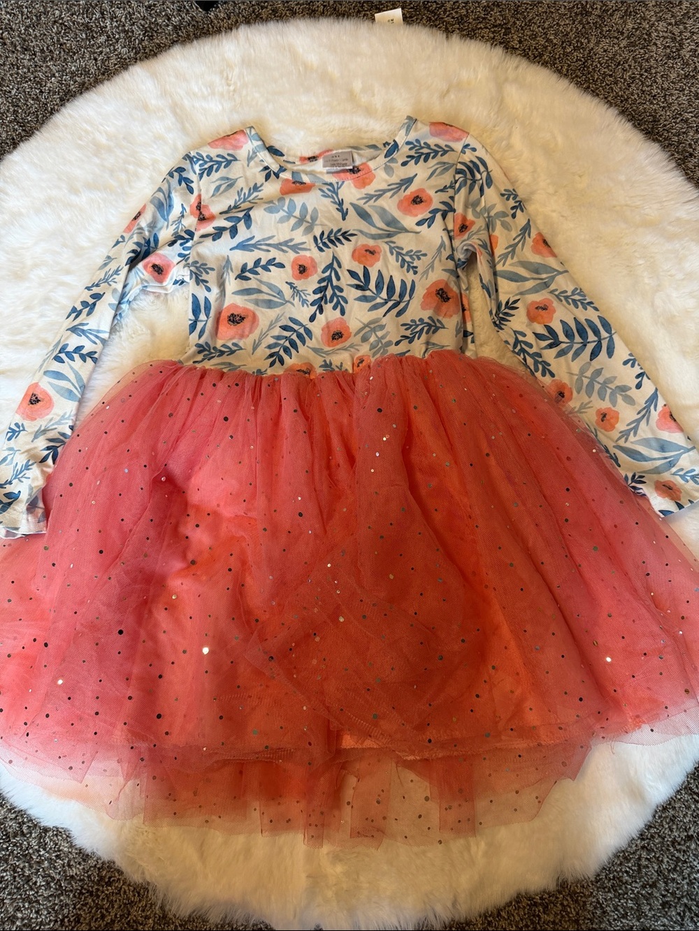 Girls Floral Top with Coral Tulle Skirt Dress
